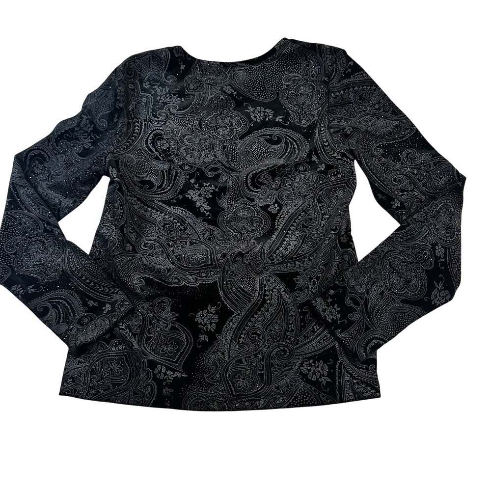 Y2K Black Velvet Paisley Glitter‎ Long Sleeve Shirt Crew Neck Blouse Goth Whimsy